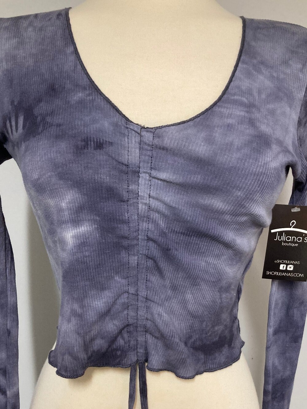 Navy Tie-Dye Long-Sleeve Ruched Top